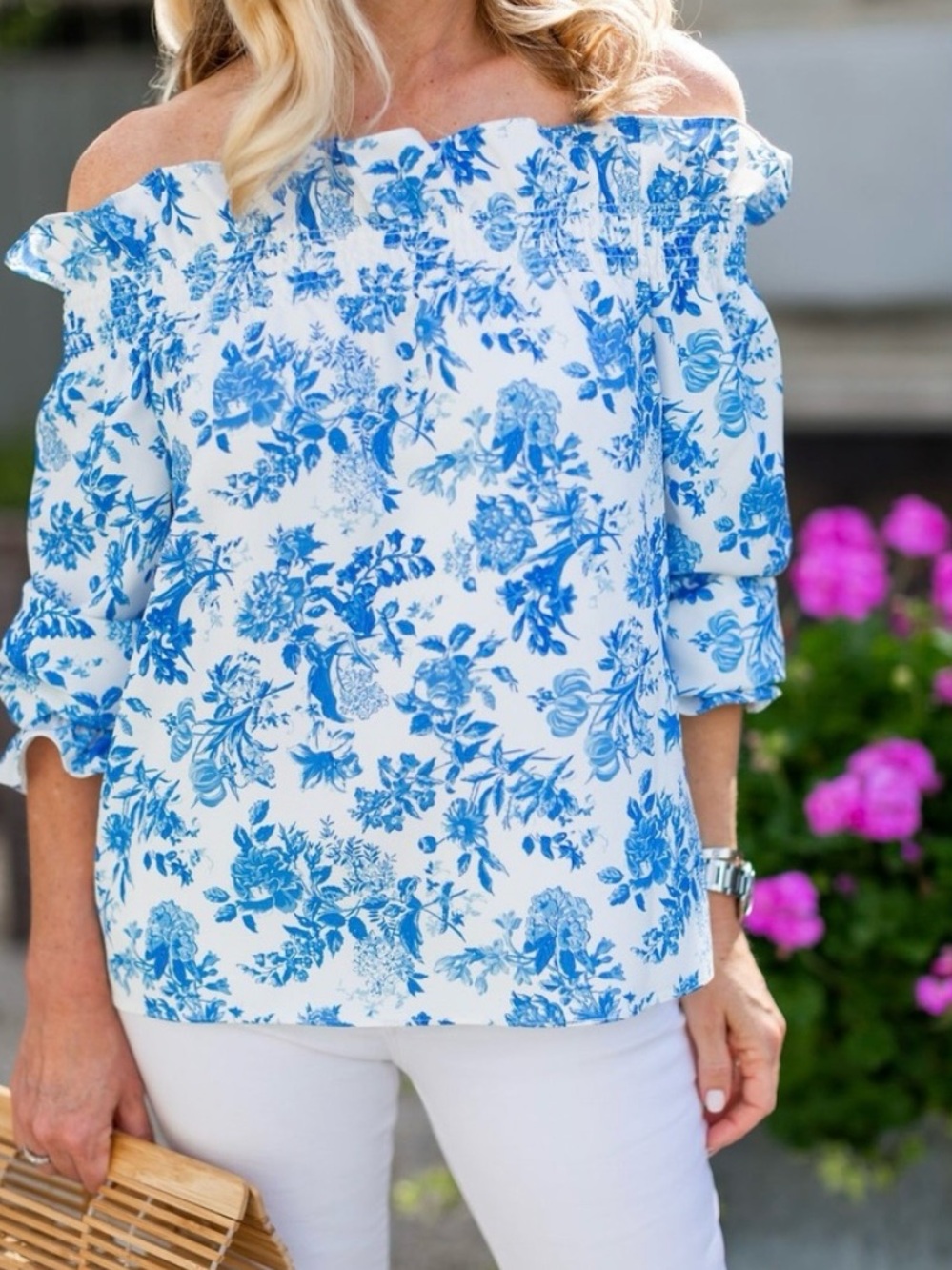 Tuckernuck White Off-Shoulder Top with Blue Floral Print